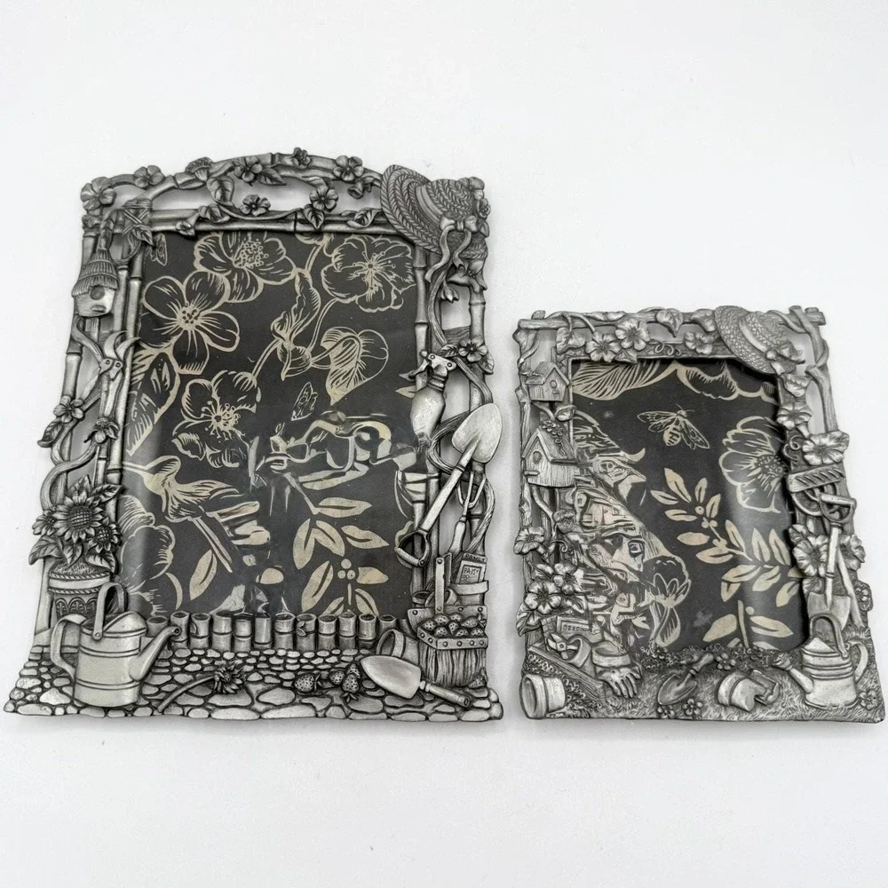 Vintage Cottage Garden Picture Frame Set Pewter Toned Raised Detail 5x7 & 3.5x5